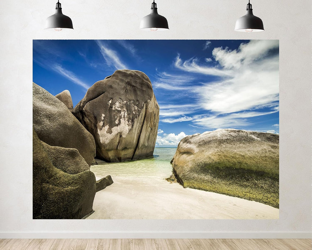 Trykid 20x10ft White Sand Giant Rock Backdrop Clear Blue Sky Tropical Shoreline Coastal Beach Nature Scenery Photography Background Summer Holiday Party Decoration Photo Booth Prop Fabric