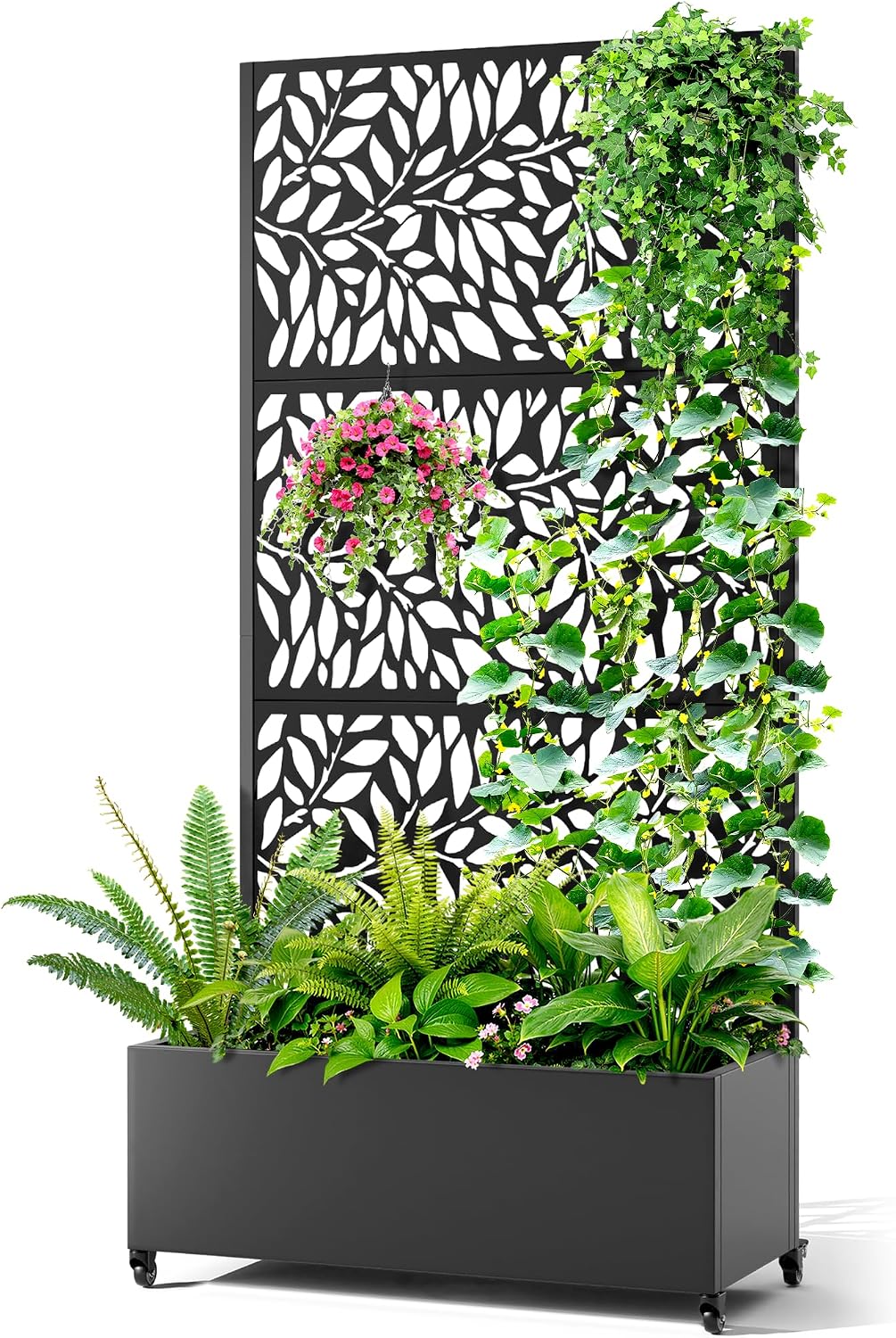 Metal Raised Garden Bed with Trellis, 2 in 1 Trellis with Planter Box & Privacy Screen for Climbing Plants, Vine, Outdoor Standing Flower Beds with Drainage Holes, 35.4'L x 15.7'W x 70.10'H,(Black)