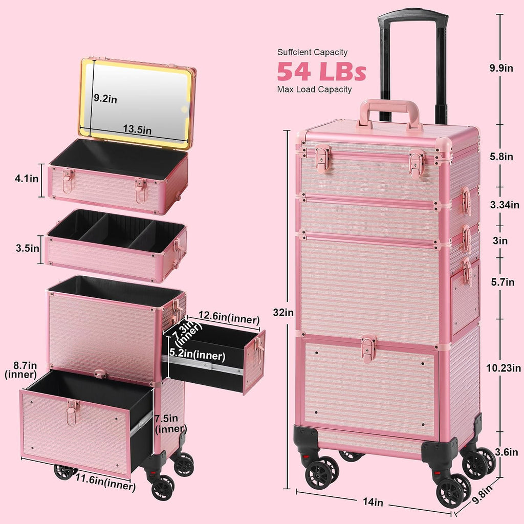 Somduy Makeup Train Case with LED Mirror, Rolling Makeup Case with Drawers, Cosmetology Case on Wheels, Gift, Travel Makeup Organizers, Profesional Cosmetic Case for Salon Barber,Nail,Tattoo, Pink