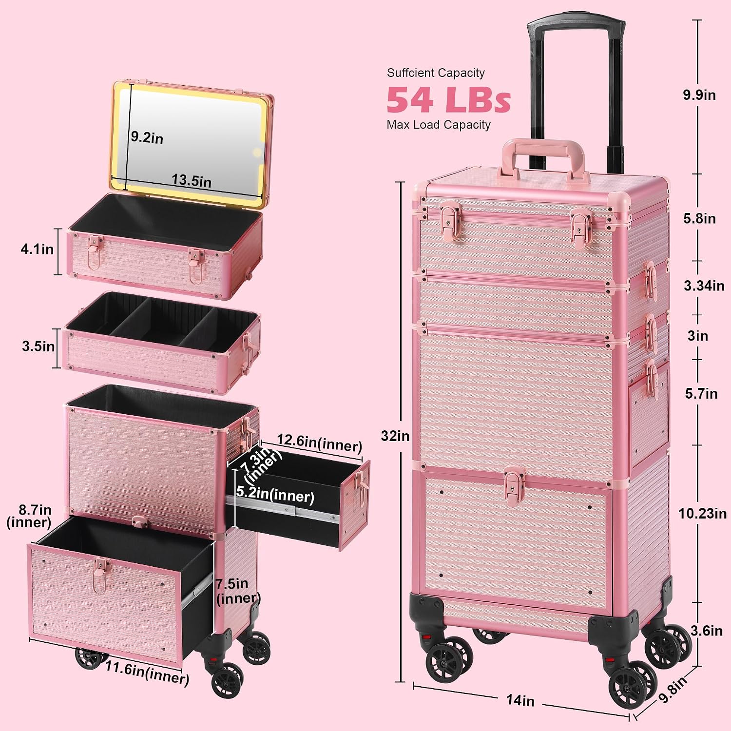 Somduy Makeup Train Case with LED Mirror, Rolling Makeup Case with Drawers, Cosmetology Case on Wheels, Gift, Travel Makeup Organizers, Profesional Cosmetic Case for Salon Barber,Nail,Tattoo, Pink