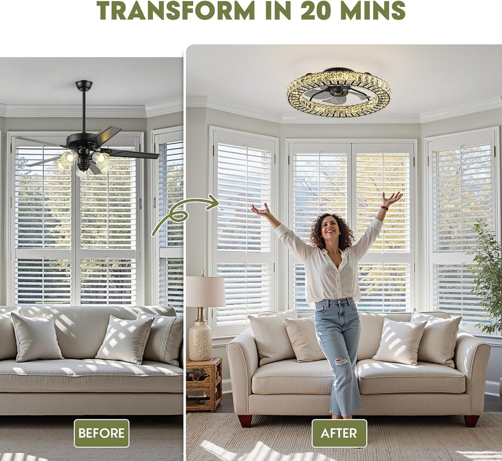 LUDOMIDE Flush Mount Ceiling Fan with Light, 22' Modern Crystal Chandelier Ceiling Fan with Smart 4-Light Color Change, Dimmable LED Ceiling Fan, 6 Wind Speeds, Low Profile Ceiling Fan for Bedroom