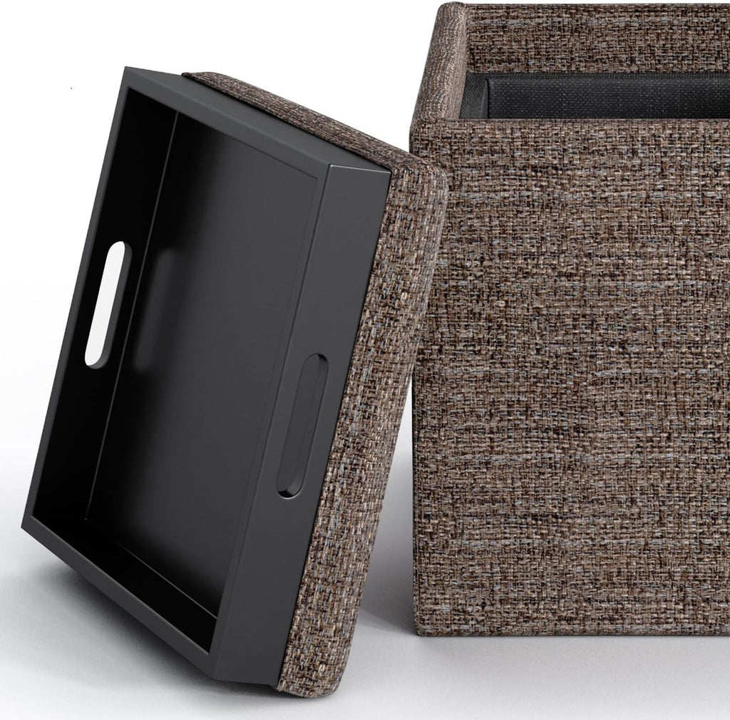 SIMPLIHOME Rockwood Cube Storage Ottoman with Tray - 17' Wide x 17' High Upholstered Tweed Look Fabric Square Storage Ottoman in Mink Brown,Contemporary Cube Ottoman for Living Room with Serving Tray