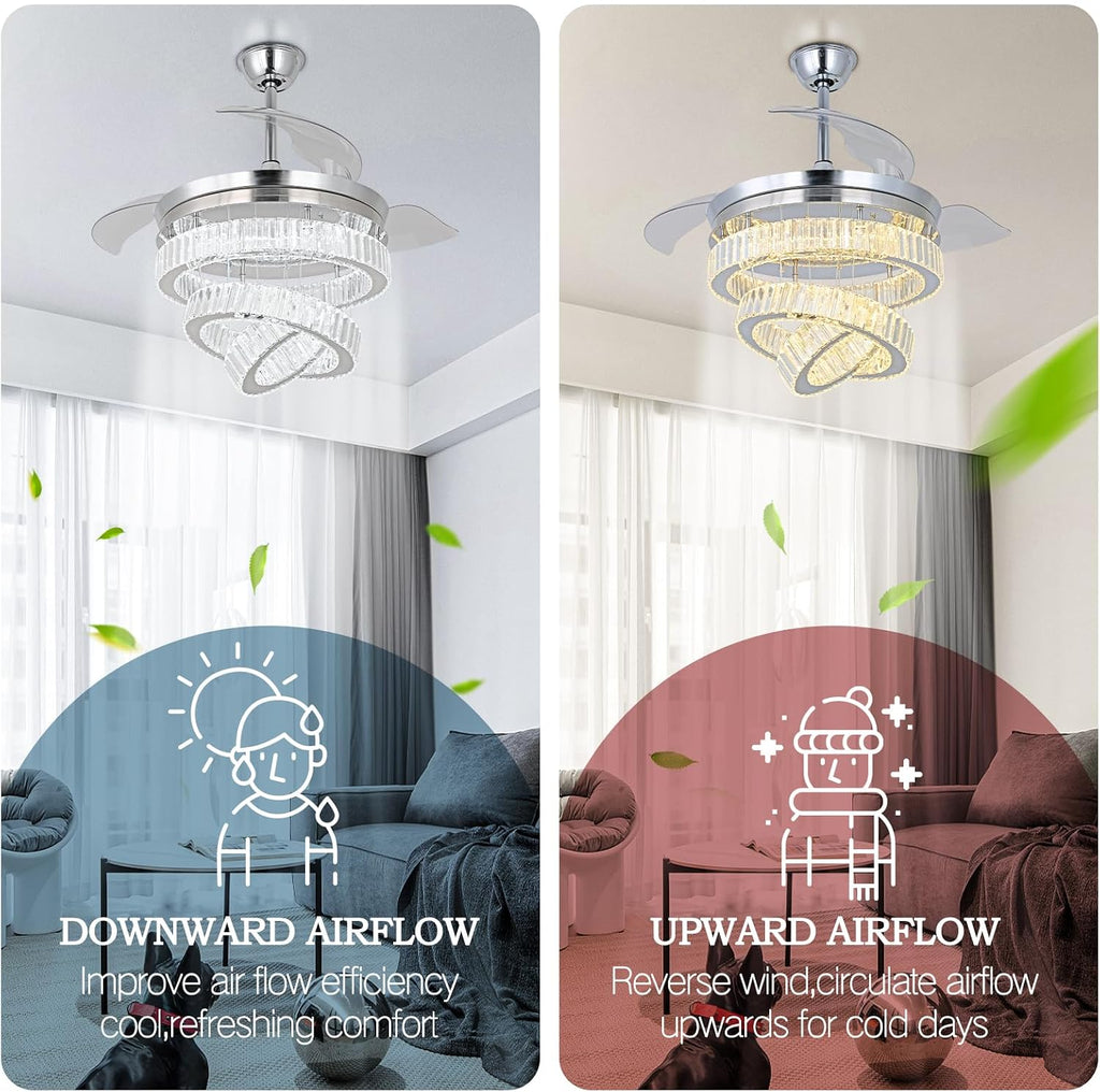 42'' Chrome Crystal Fandelier Ceiling Fan with Lights, Dimmable LED Chandelier Fan, Retractable Blades, Remote & APP Control, 6-Speed Reversible, Flush Mount for Bedroom Living Room Dining Room