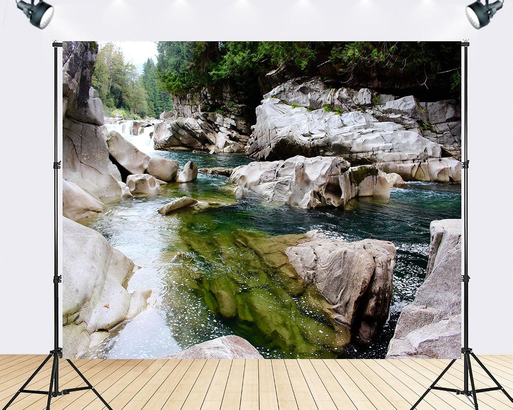 Trykid 20x10ft Forest River Gorge Backdrop Clear Turquoise Water Rocky Canyon Landscape Photography Background Outdoor Adventure Party Decoration Nature Lover Photo Booth Prop Fabric