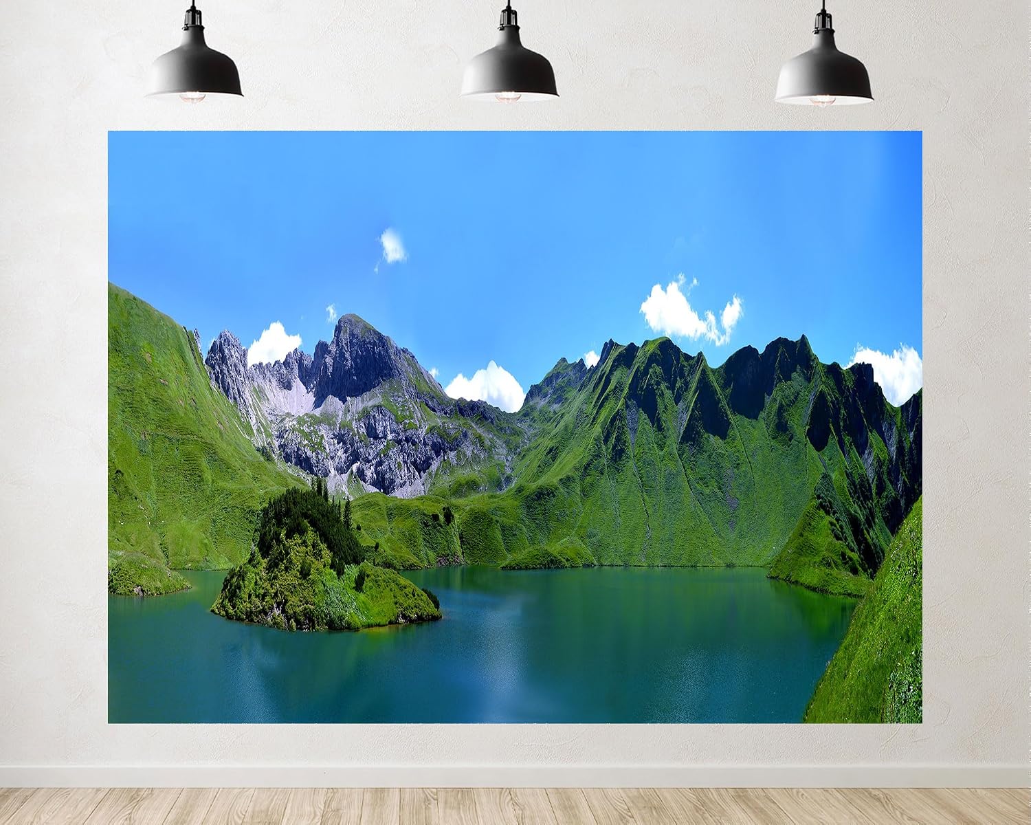 Trykid 20x10ft Alpine Lake Vista Backdrop Lush Green Mountain Slopes Turquoise Water Clear Blue Sky Wispy Clouds Photography Background Nature Party Decoration Photo Booth Prop Fabric
