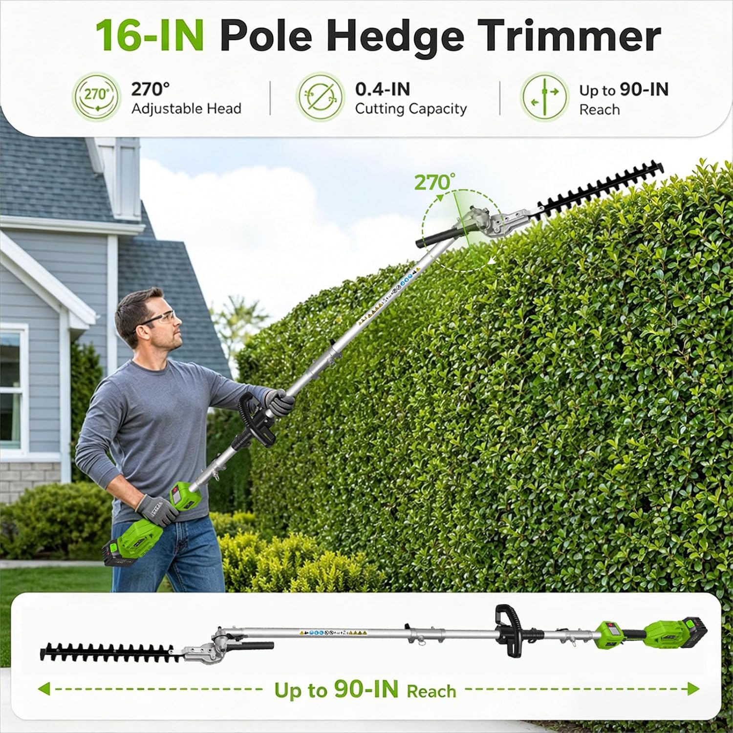 4-in-1 Cordless Pole Hedge Trimmer, Pole Saw, Weed Wacker, String Trimmer Edger & Brush Cutter Kit with 2 x 5.0Ah Batteries
