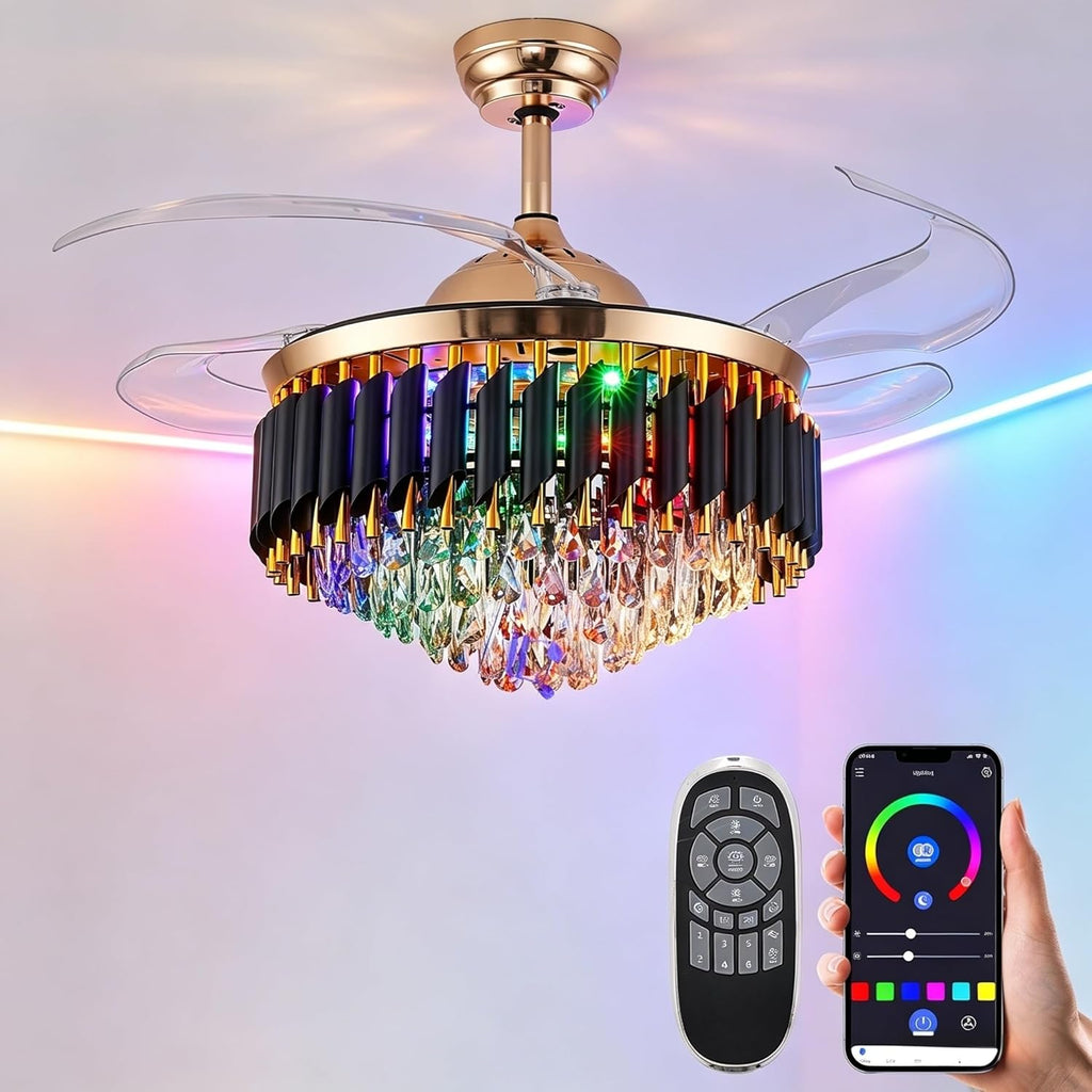 36' Bluetooth Ceiling Fan with Speaker, RGB-LED Dimmable Light 6 Speeds Reversible Blades Modern Fandelier Chandelier with Remote APP Control Memory Timer Function for Bedroom Gold