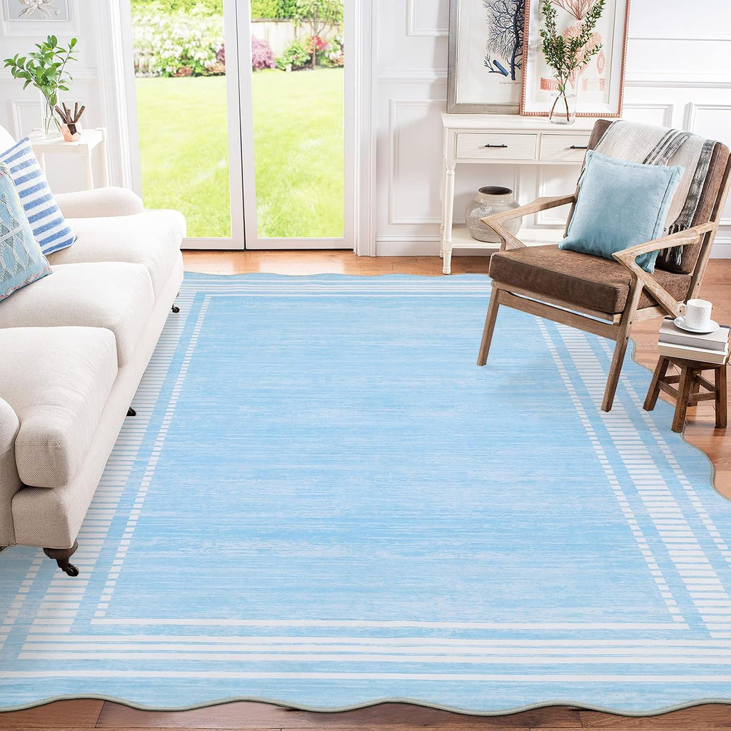Garvee Modern Scalloped Rug 9x12 Washable Rugs for Living Room, Non-Slip Non-Shedding Faux Wool Soft Carpet, Minimalist Solid Neutral Large Floor Mats for Home Office Decor, Light Blue