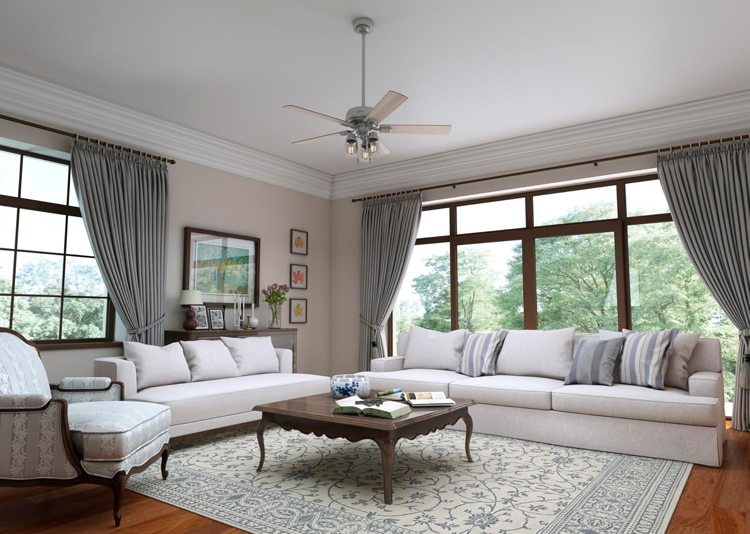 Hunter 52 inch Indoor Ceiling Fan with LED Lights - Ceiling Fan with Pull Chain, For Bedroom, Living Room, or Kitchen, Standard Mount, No Remote, 5 Blades - Hartland 50651, Matte Silver