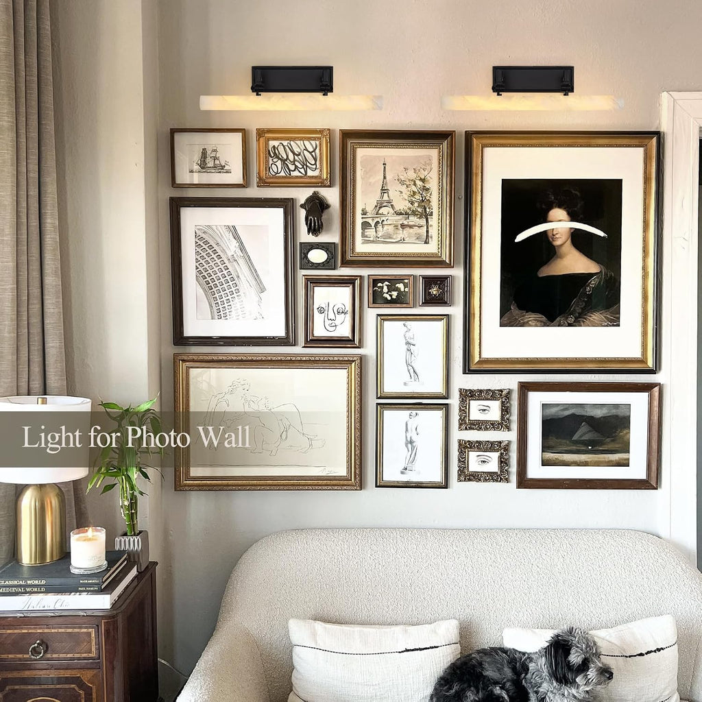 Alabaster Picture Lights for Wall, 20in Spanish Marble Picture Light Hardwired, Black Vanity Lights for Bathroom, Dimmable Modern Wall Lighting Gallery Light for Paintings, Bookshelf, Poster Display