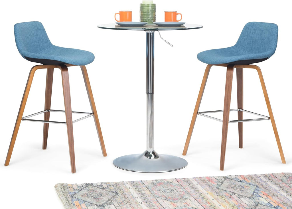 SIMPLIHOME Randolph Counter Stools (Set of 2) - 28 Inch Seat Height Upholstered Bentwood Bar Stools in Medium Blue Linen Look Fabric, Mid Century Modern Seating with Curved Backrest and Footrest