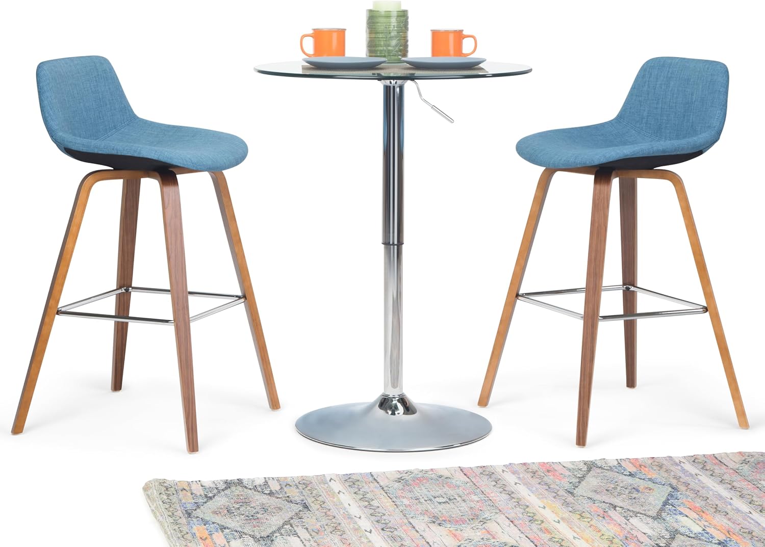 SIMPLIHOME Randolph Counter Stools (Set of 2) - 28 Inch Seat Height Upholstered Bentwood Bar Stools in Medium Blue Linen Look Fabric, Mid Century Modern Seating with Curved Backrest and Footrest