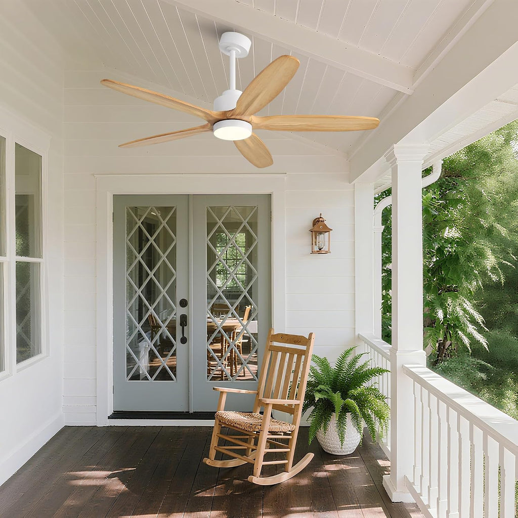 WINGBO 54' Ceiling Fan with Light - 5 Carved Solid Wood Blades, 6-Speed Reversible DC Motor, Dimmable, 3CCT, Noiseless Remote Control Ceiling Fans with Lights for Bedroom Living Room, White and Oak