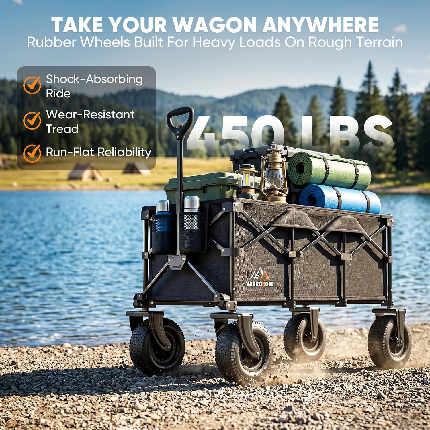 All-Terrain Beach Wagon with 10' x 3.5' Big Inflatable Rubber Wheels for Sand, 220L Collapsible Utility Wagon, 400 lbs Heavy Duty Folding Cart with 2 Cup Holders for Camping, Sports, Garden, Black