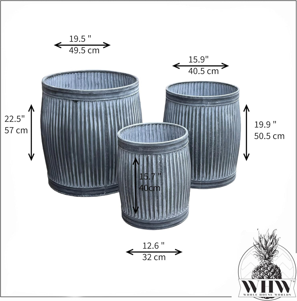 WHW Whole House Worlds French Country Style Tall Belly Bucket Pot Planters, Set of 3, Galvanized Metal, Vintage Grey, White Patina, Corrugated Cache Pots, Rustic, 22.5'