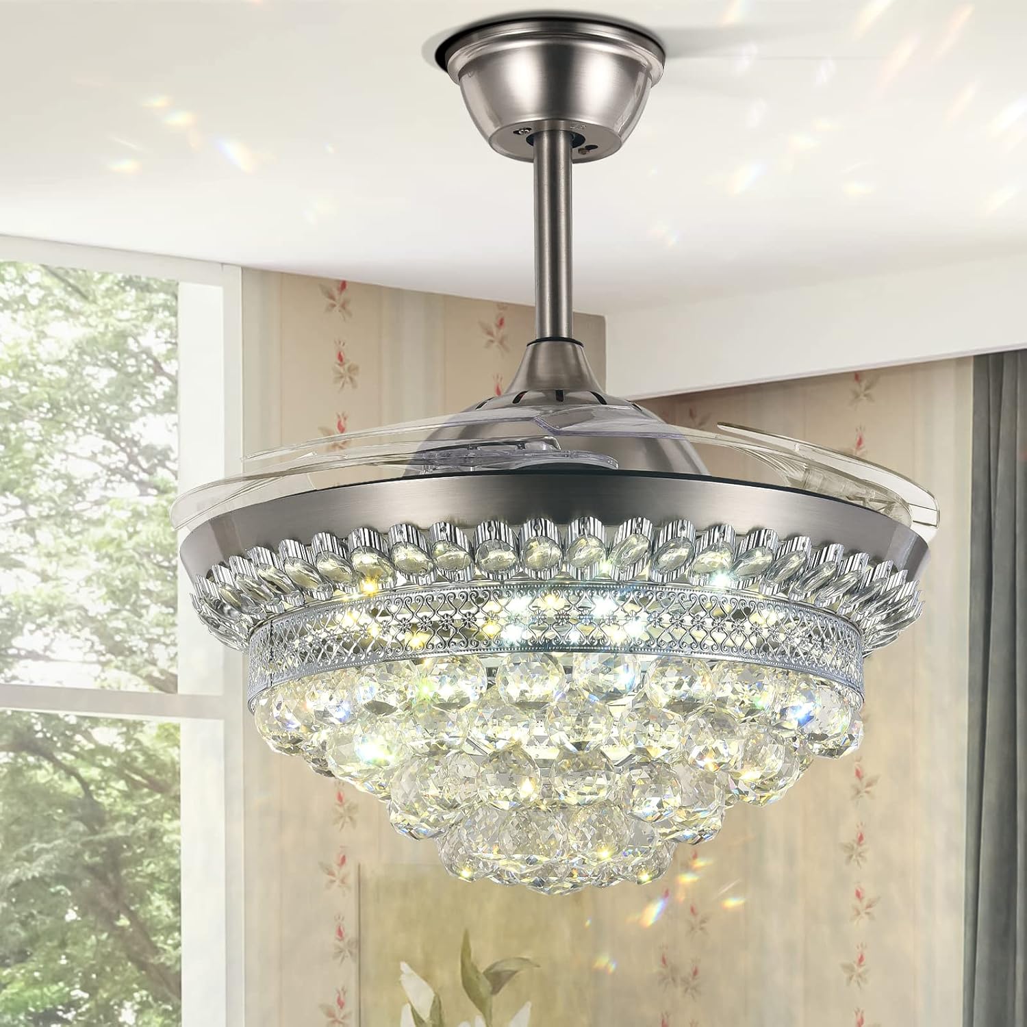 BIGBANBAN 42' Crystal Ceiling Fan with Light Remote Control, Silver Retractable Chandelier Fan 3 Colors LED Light 3 Speeds Modern Fandelier Chandelier for Living Room Bedroom
