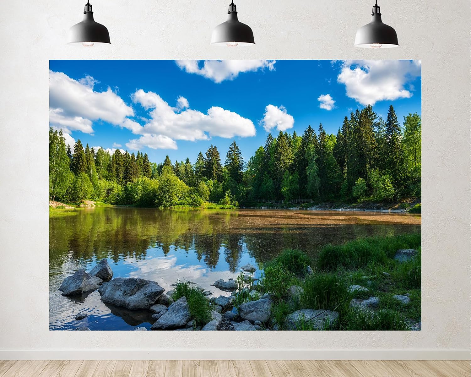 Trykid 20x10ft Forest Lake Clear Sky Rocks Backdrop Serene Natural Landscape Photography Background Outdoor Adventure Event Party Decoration Photo Booth Prop Fabric
