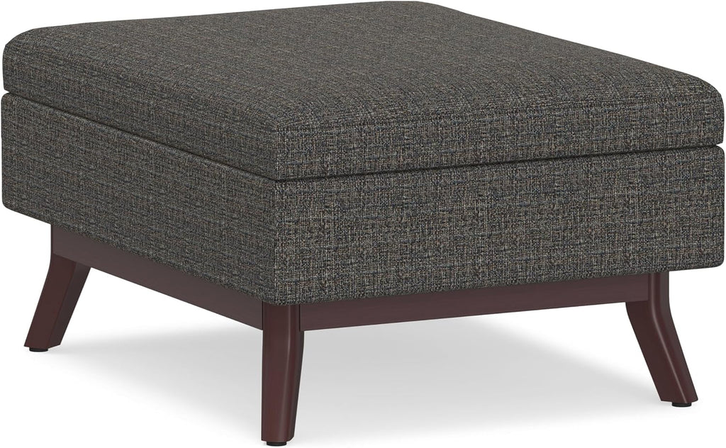 SIMPLIHOME Owen Coffee Table Storage Ottoman - 34' Wide x 19' High Upholstered Tweed Look Fabric Rectangular Lift-Top Ottoman in Ebony, Mid-Century Modern Bench for Living Room with Tapered Legs