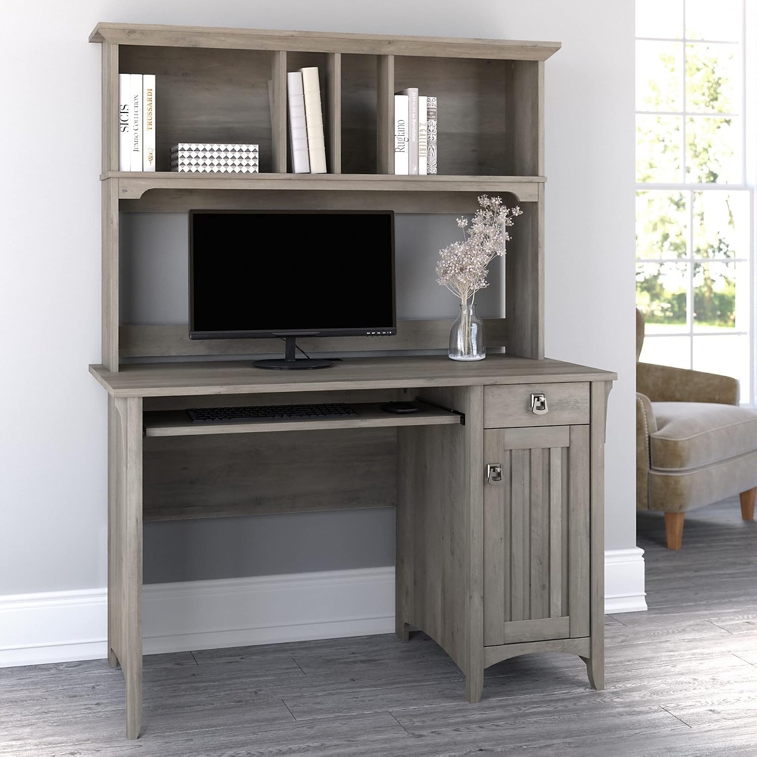 Bush Home Salinas Computer Desk with Hutch | Study Table with Drawers, Cabinets & Pullout Keyboard/Laptop Tray | Modern Home Office Desk in Driftwood Gray | Work Desk with Storage