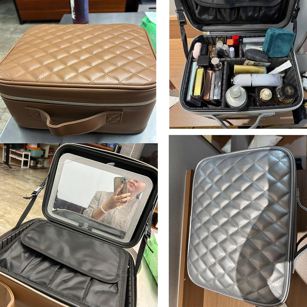 HJXGQJM Travel Makeup Bag with Led Light Mirror, Large Capacity Cosmetic Organizer Vanity Travel Case for Make Up with Adjustable Compartment，Tri-Colour Light Source