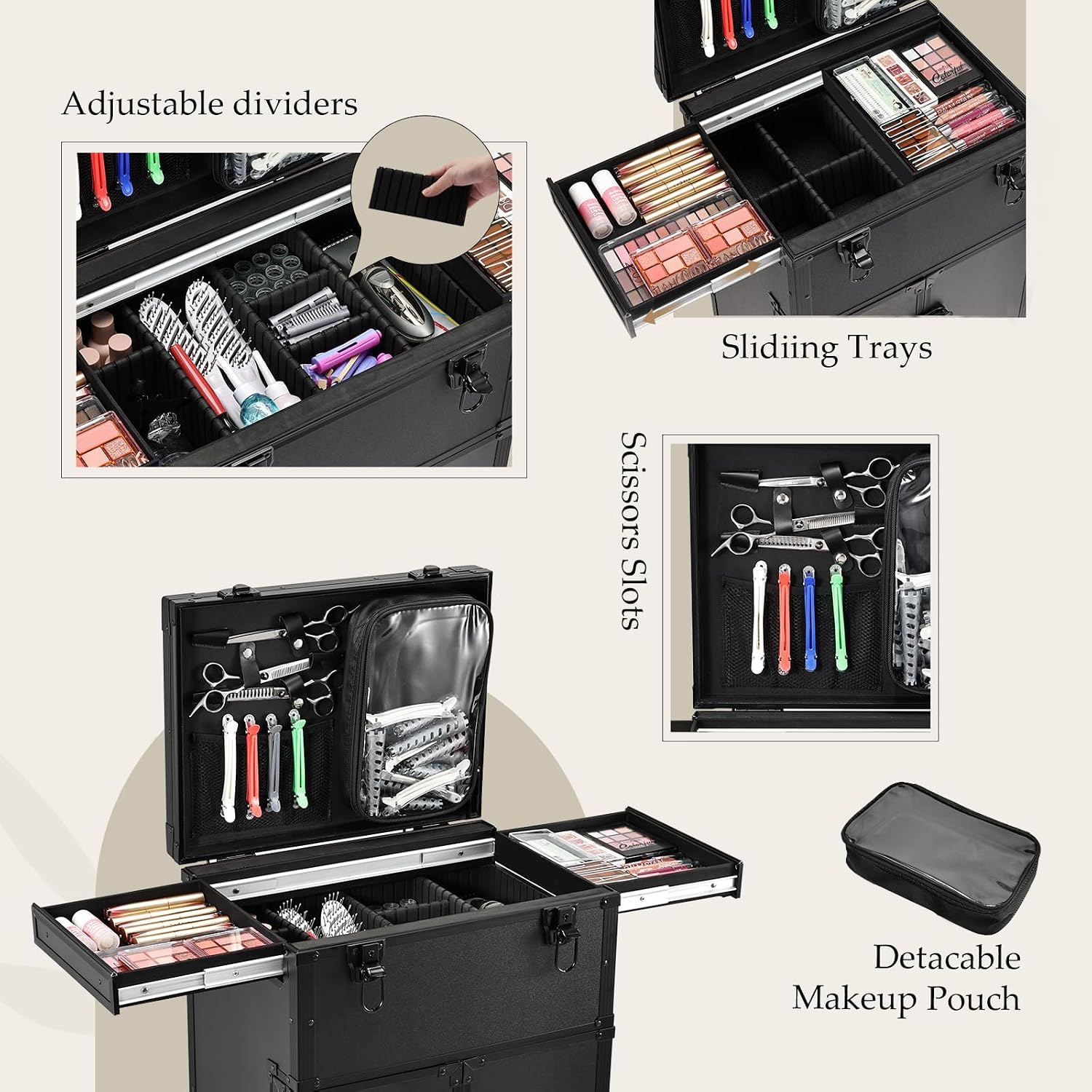 Joligrace Professional Rolling Makeup Case 4 Drawers Pro Makeup Artist Cosmetic Train Case Hairstylist Travel Case Portable Make Up Station with Multiple Compartments Extra Large - Black