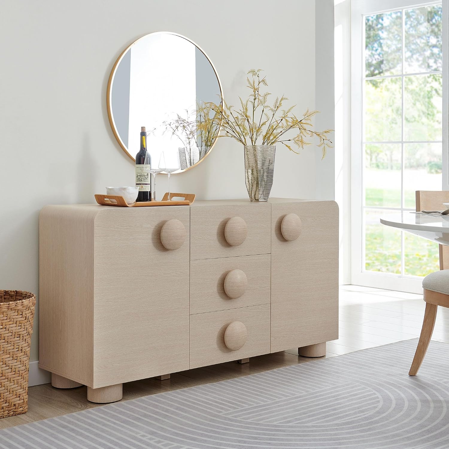 Modway Sonnet Retro Curved Sideboard in Ash – 57 Inch Modern Buffet Cabinet with Circle Knobs – Credenza Cabinet with 3 Drawers – TV Stand Media Cabinet for Living Room, Home Office, Lounge Area