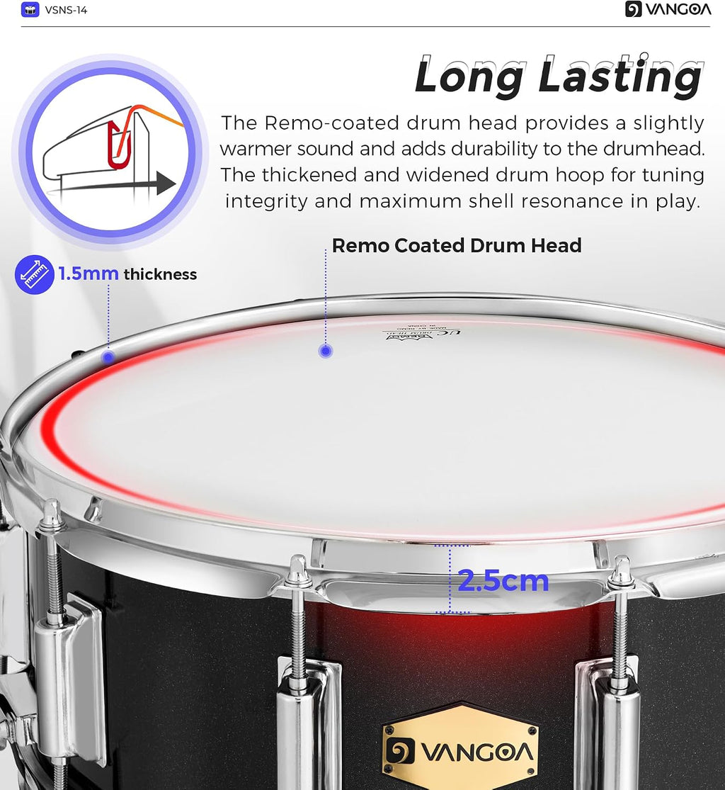Vangoa Snare Drum Kit with Remo Head 14' x 5.5' Student Marching School Band Beginner Practice Snare Drum with Stand, Drumstick Holder, Padded Gig Bag, Mute Pad, Neck Strap, and 5A Drum Sticks, Black