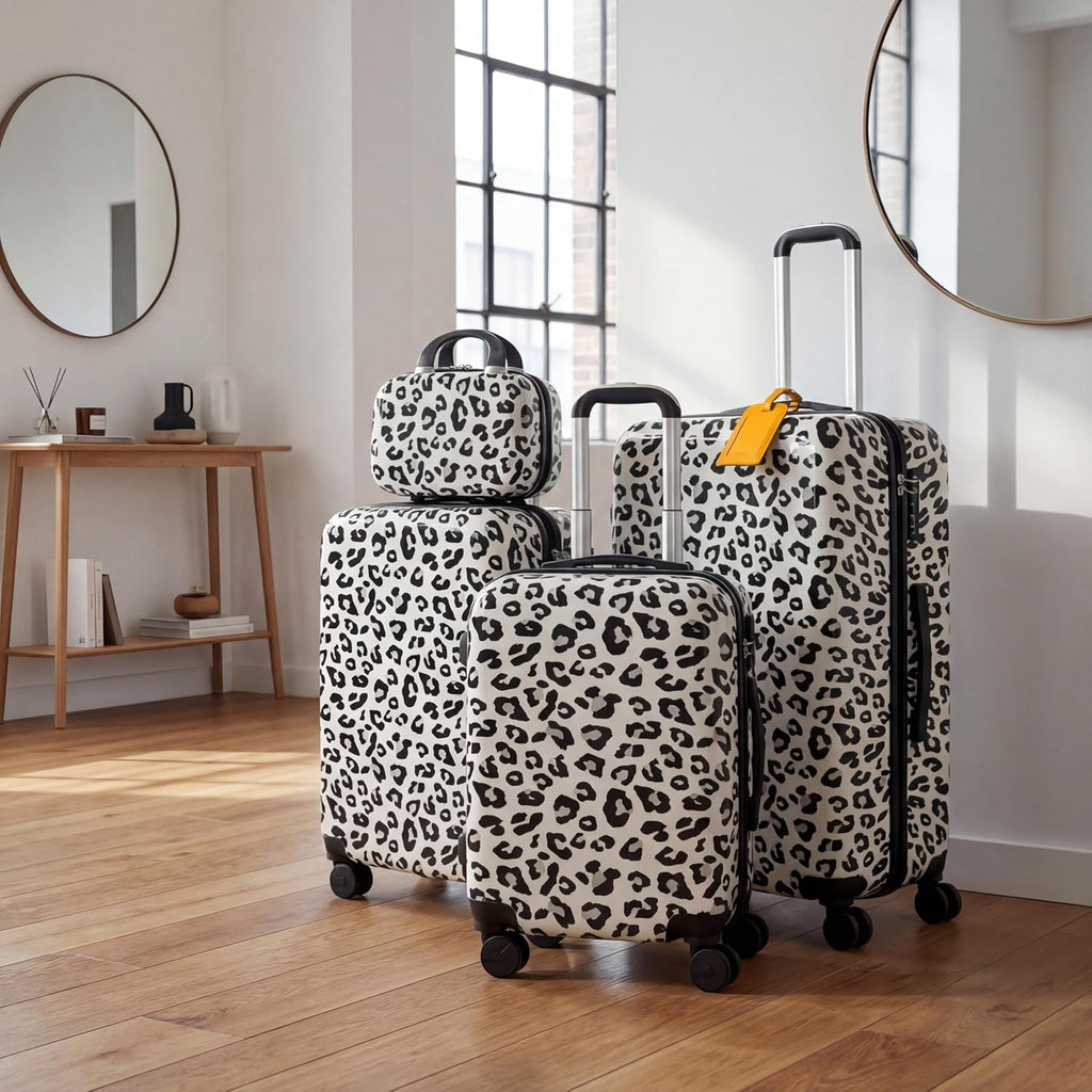 White Leopard Print Luggage Set 4 Pieces, Lightweight Scratch-Resistant Hardshell Suitcases with Spinner Wheels, 14' Underseat Bag & 28' Large Check-in, Animal Print Rolling Luggage for Women Men