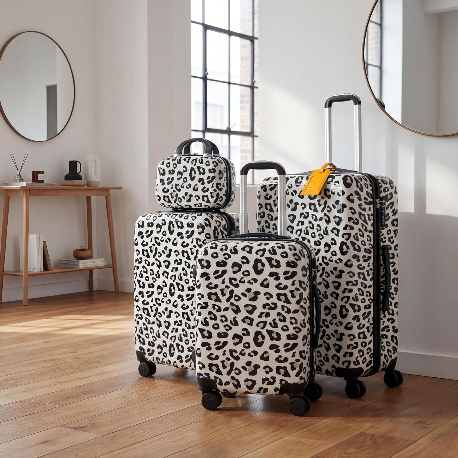 White Leopard Print Luggage Set 4 Pieces, Lightweight Scratch-Resistant Hardshell Suitcases with Spinner Wheels, 14' Underseat Bag & 28' Large Check-in, Animal Print Rolling Luggage for Women Men