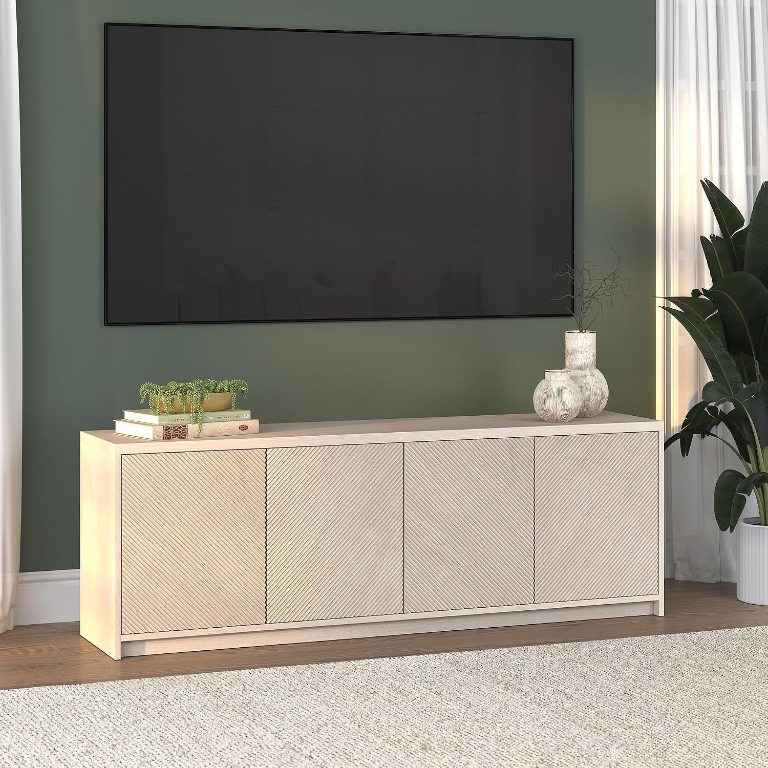 Henn&Hart Rectangular TV Stand for TV's up to 78' in Beech White, for Home, Living Room, Bedroom, Entertainment Room, Office
