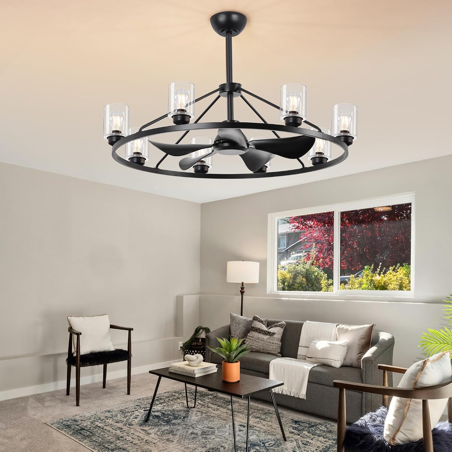 44' Large Ceiling Fans with Lights Wagon Wheel Chandelier, Farmhouse Fandelier Black Fans with Glass Lampshade Light Fixture,App control, 6 Speed, Timing, Adjustable Height for Dining Room Living Room