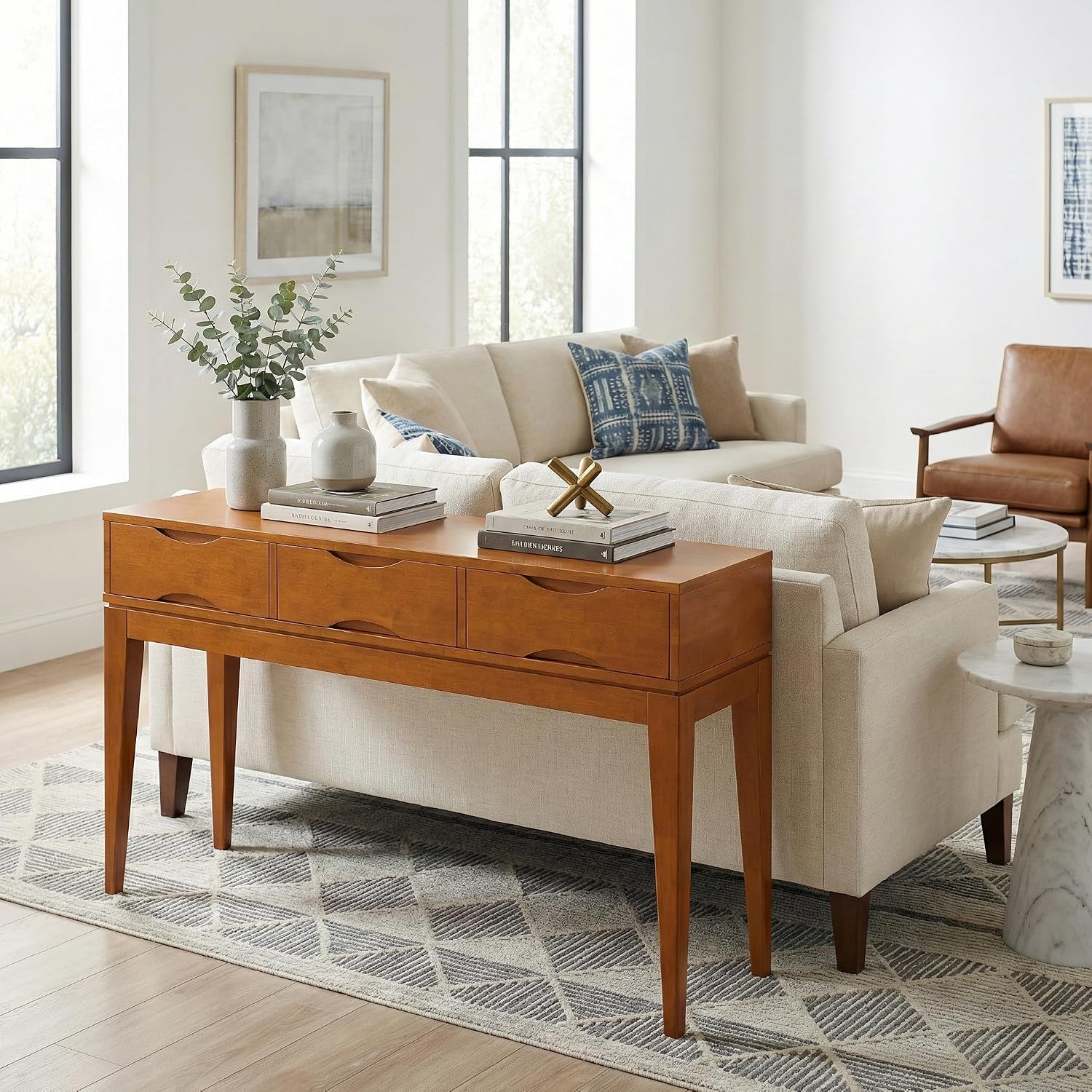 SIMPLIHOME Harper Console Table - 54 Inch Wide Solid Hardwood Sofa Table in Teak Brown, Mid-Century Modern Storage Table for Entryway or Living Room with 3 Drawers, Notched Handles, and Tapered Legs