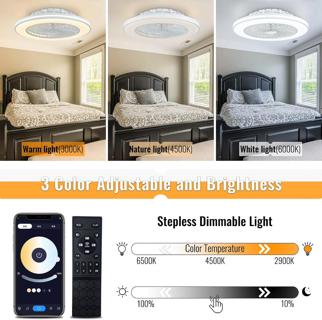 24'' Low Profile Bladeless Ceiling Fans with Lights, Remote/APP Control, 3CCT Dimmable, Flush Mount Ceiling Fan with 6-Speed Reversible for Bedroom Living Room