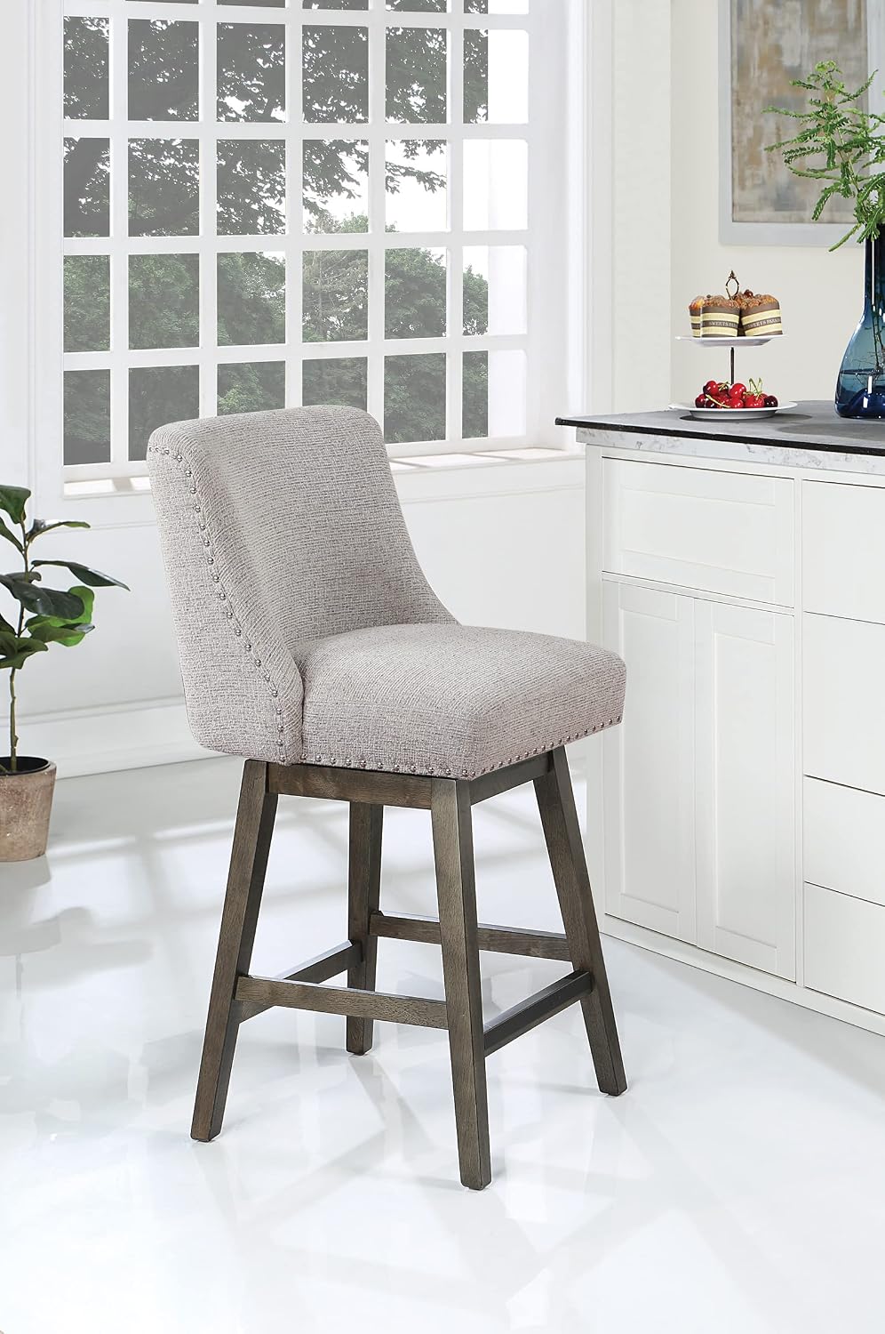OSP Home Furnishings Granville Swivel Counter Height Stool with Grey Wood Legs, Wheat Fabric