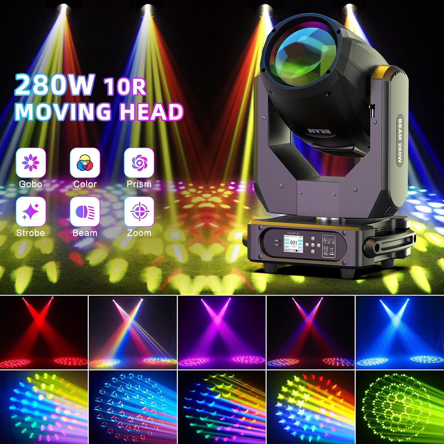 2PC Moving Head Light with Case 280W 10R LED Beam Stage DJ Lights 17 Gobos 15 Colors DMX512 Prism Rainbow Effect High Brightness Spotlights Sound Activtaed for Bar Disco Wedding Concert Lighting