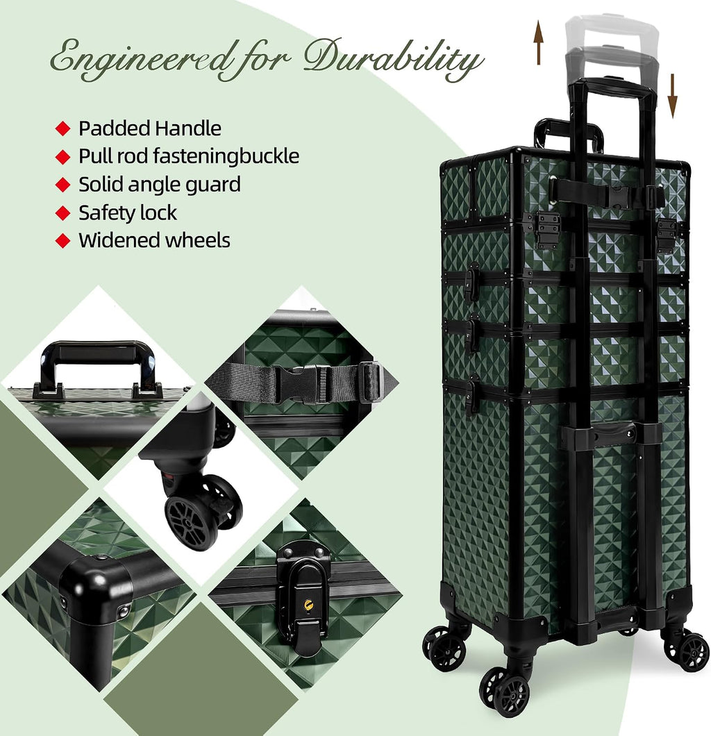 5 in 1 Rolling Makeup Train Case on Wheels Large Cosmetic Organizer Travel Cart for Women Beauty Salon Barber Hairstylist Green