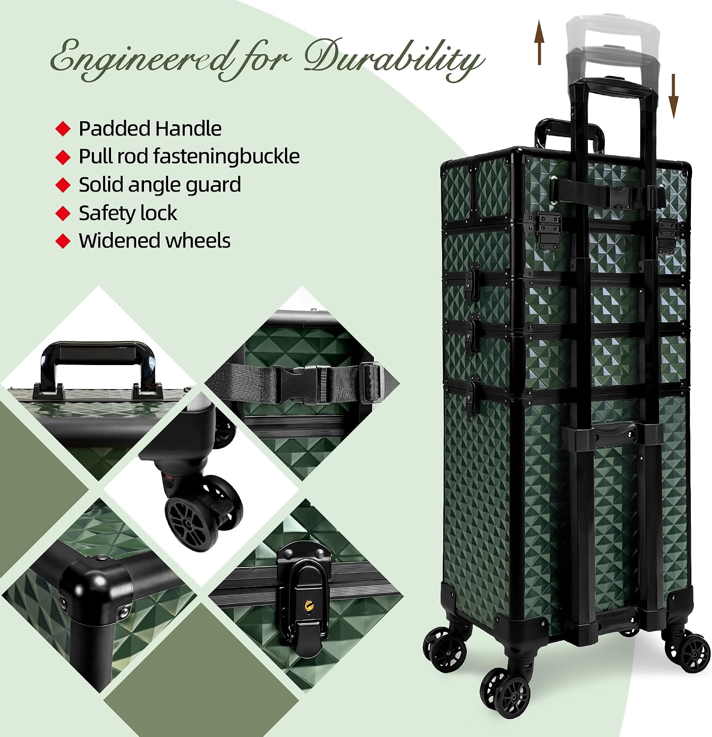 5 in 1 Rolling Makeup Train Case on Wheels Large Cosmetic Organizer Travel Cart for Women Beauty Salon Barber Hairstylist Green