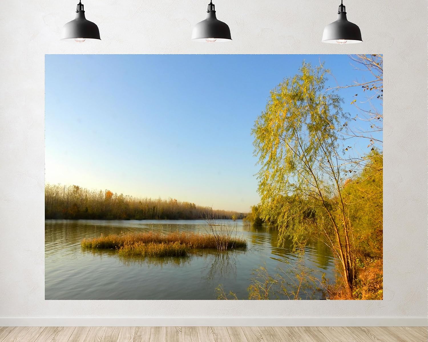 Trykid 20x10ft Autumn Lake Willow Tree Backdrop Reed Covered Island Golden Foliage Clear Blue Sky Photography Background Fall Festival Wedding Party Decoration Photo Booth Prop Fabric