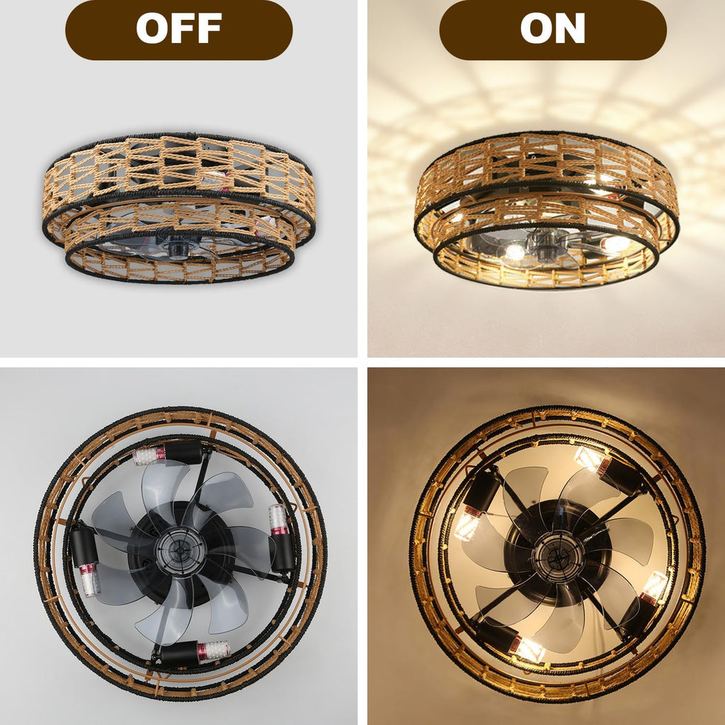 Ceiling Fans with Lights Flush Mount, 20 Inch Caged Low Profile Ceiling Fans with 3 Mode Lighting and Remote Control with E26 Bulbs for Bedroom, Nursery, Garage (Light Brown)