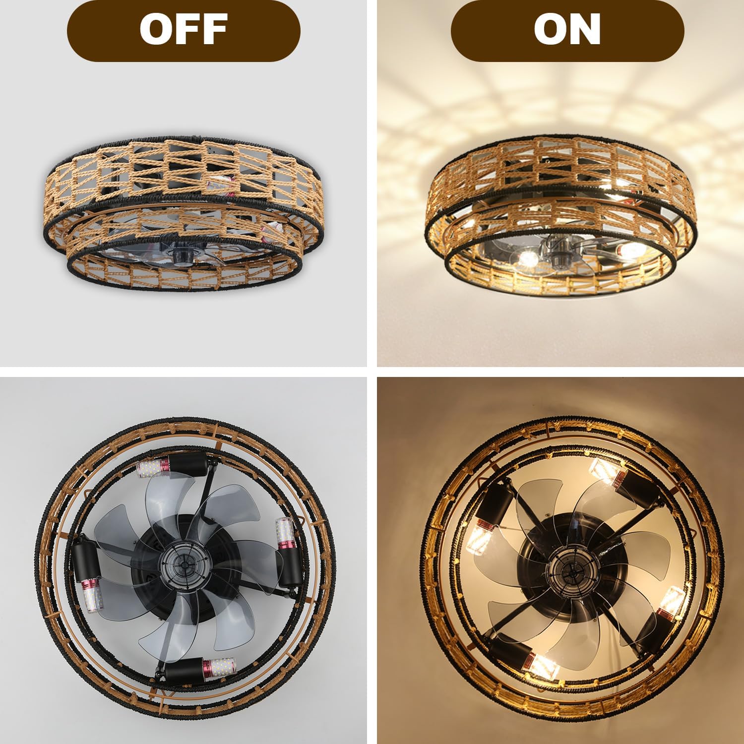 Ceiling Fans with Lights Flush Mount, 20 Inch Caged Low Profile Ceiling Fans with 3 Mode Lighting and Remote Control with E26 Bulbs for Bedroom, Nursery, Garage (Light Brown)