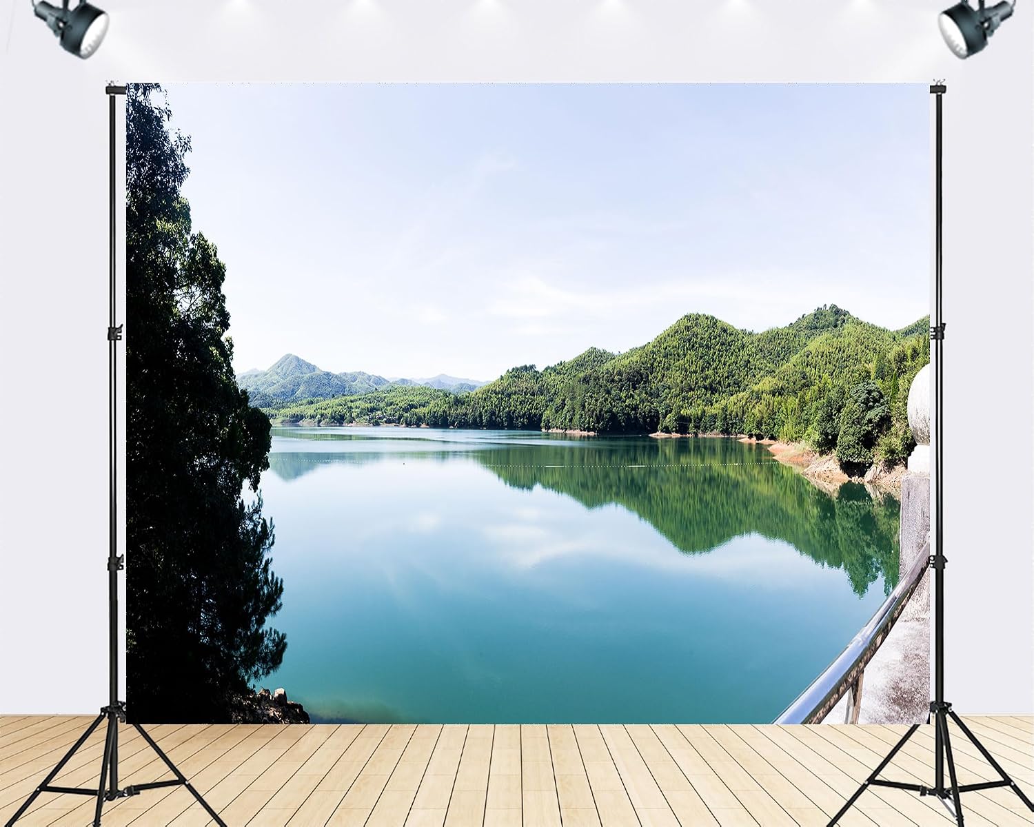 Trykid 20x10ft Tranquil Emerald Lake Backdrop Lush Forest Reflections Distant Hills Clear Sky Photography Background Nature Party Decoration Photo Booth Prop Fabric