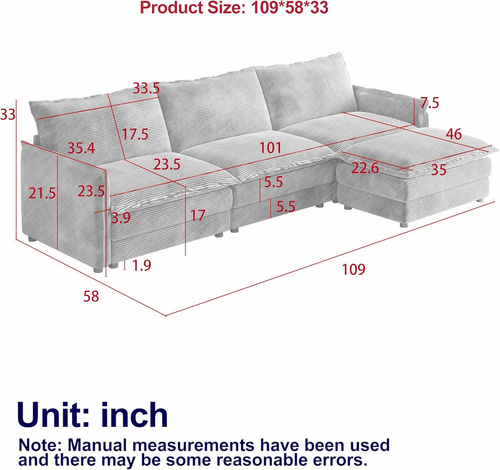 Gecheer Corduroy Fabric 3-Seater Couch with Movable Footrest, L-Shaped Sofa Set with 3 Cushions for Living Room, Bedroom, Terrace