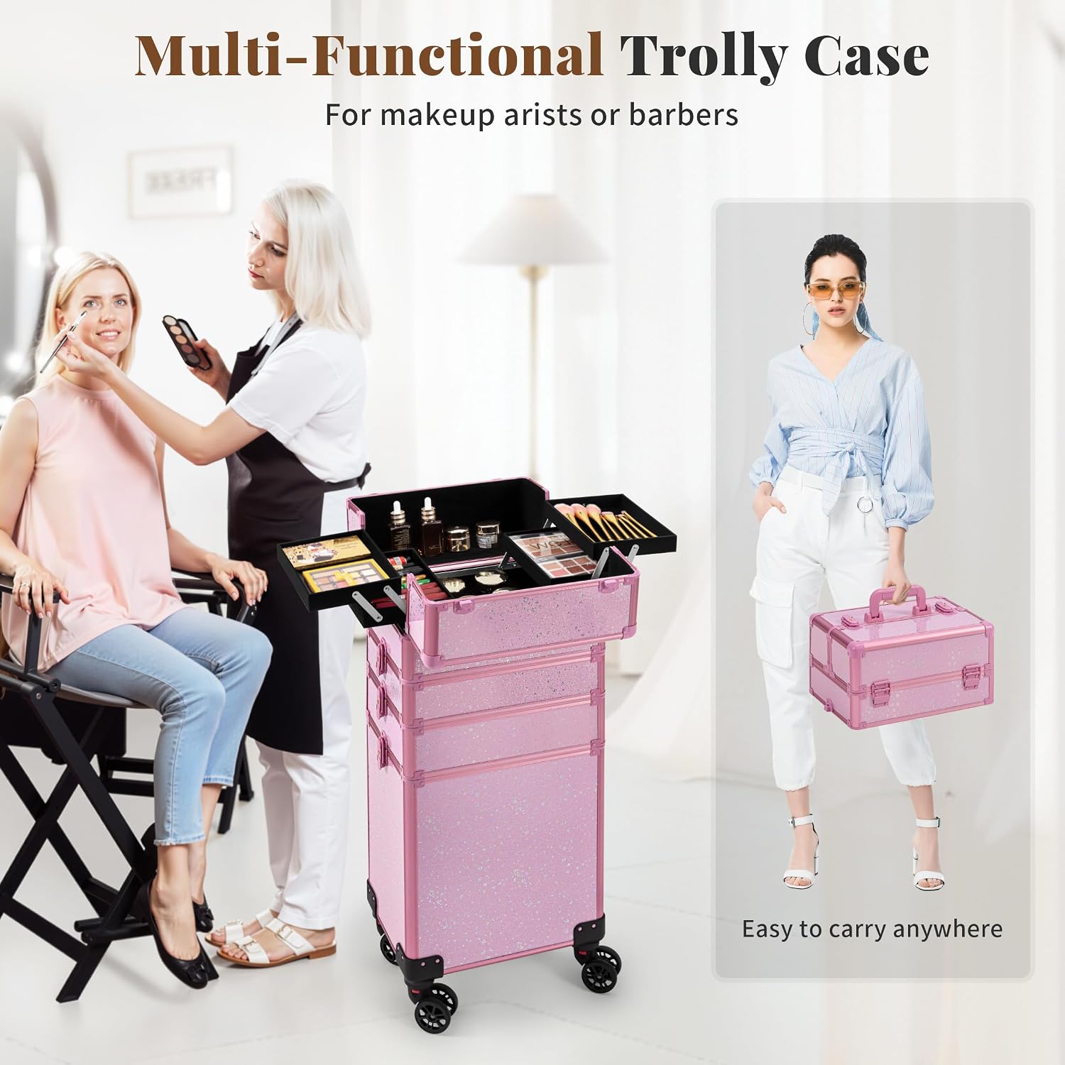 AROUS Rolling Makeup Train Case Large Storage Cosmetic Trolley 5 in 1 Large Capacity Trolley Makeup Travel Case with Key Swivel Wheels Salon Barber Case Traveling Cart Trunk, Pink