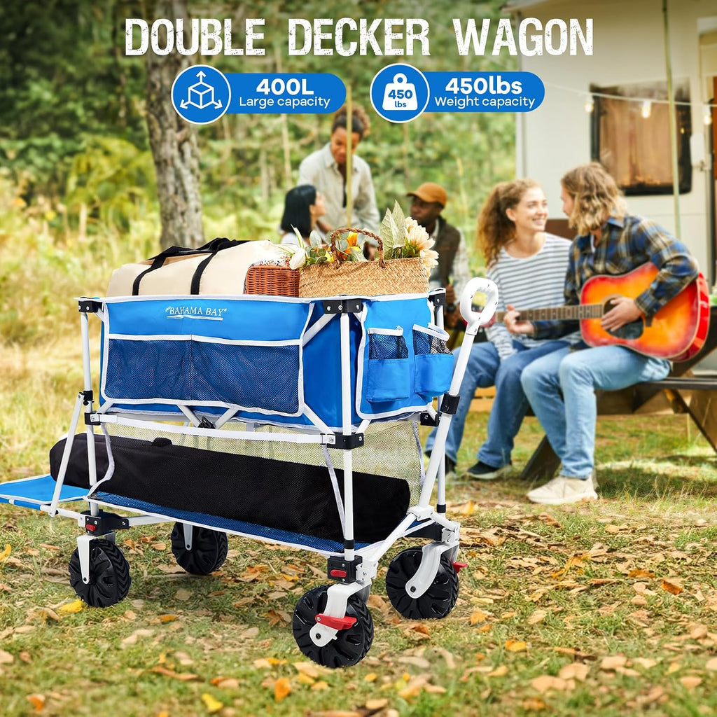 Old Bahama Bay 400L Collapsible Double Decker Beach Wagon with Brakes, Folding Beach Cart with 54' Extra Long Decker, 450LBS Heavy Duty Wagon Chart with All-Terrain Big Wheels for Sand Camping Garden
