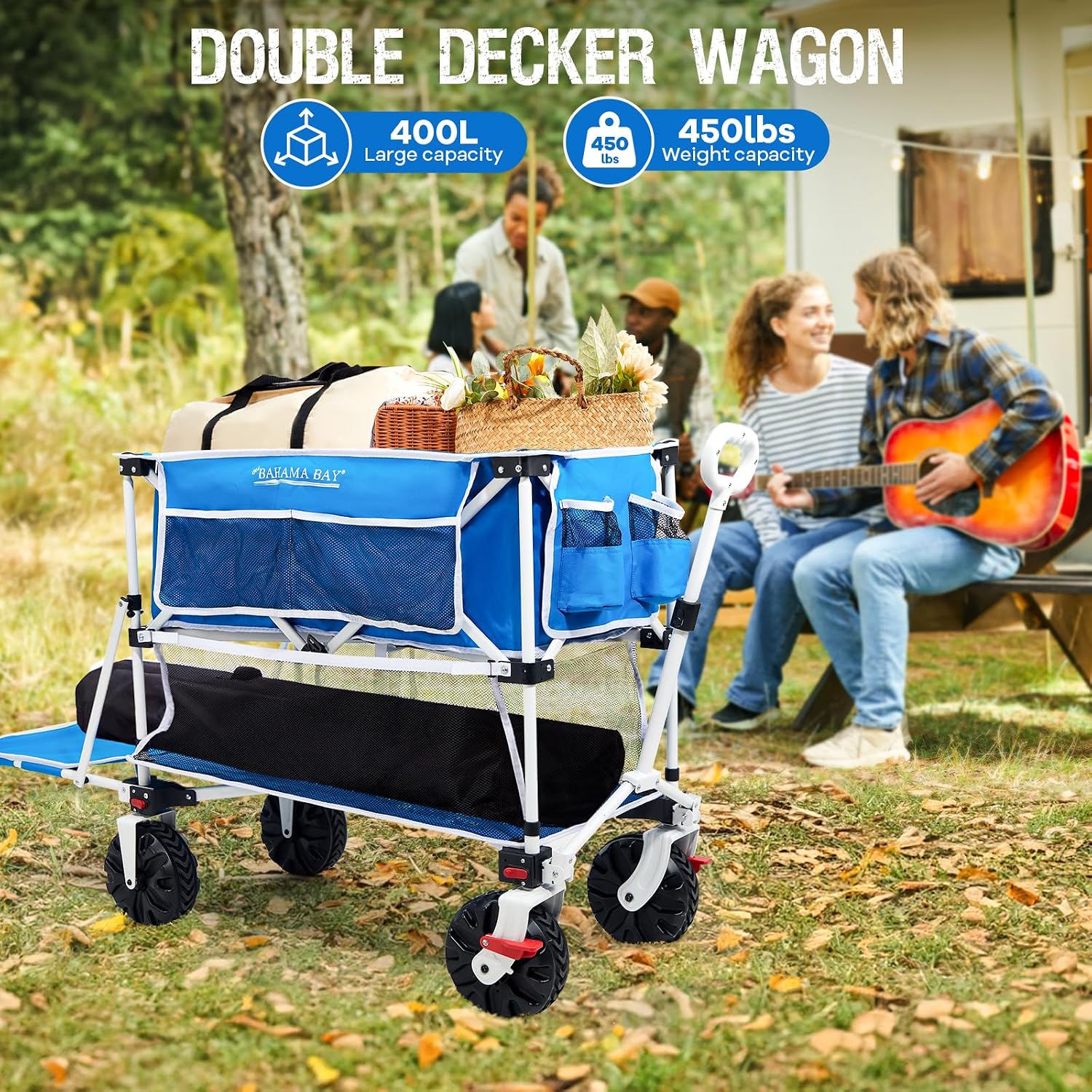 Old Bahama Bay 400L Collapsible Double Decker Beach Wagon with Brakes, Folding Beach Cart with 54' Extra Long Decker, 450LBS Heavy Duty Wagon Chart with All-Terrain Big Wheels for Sand Camping Garden