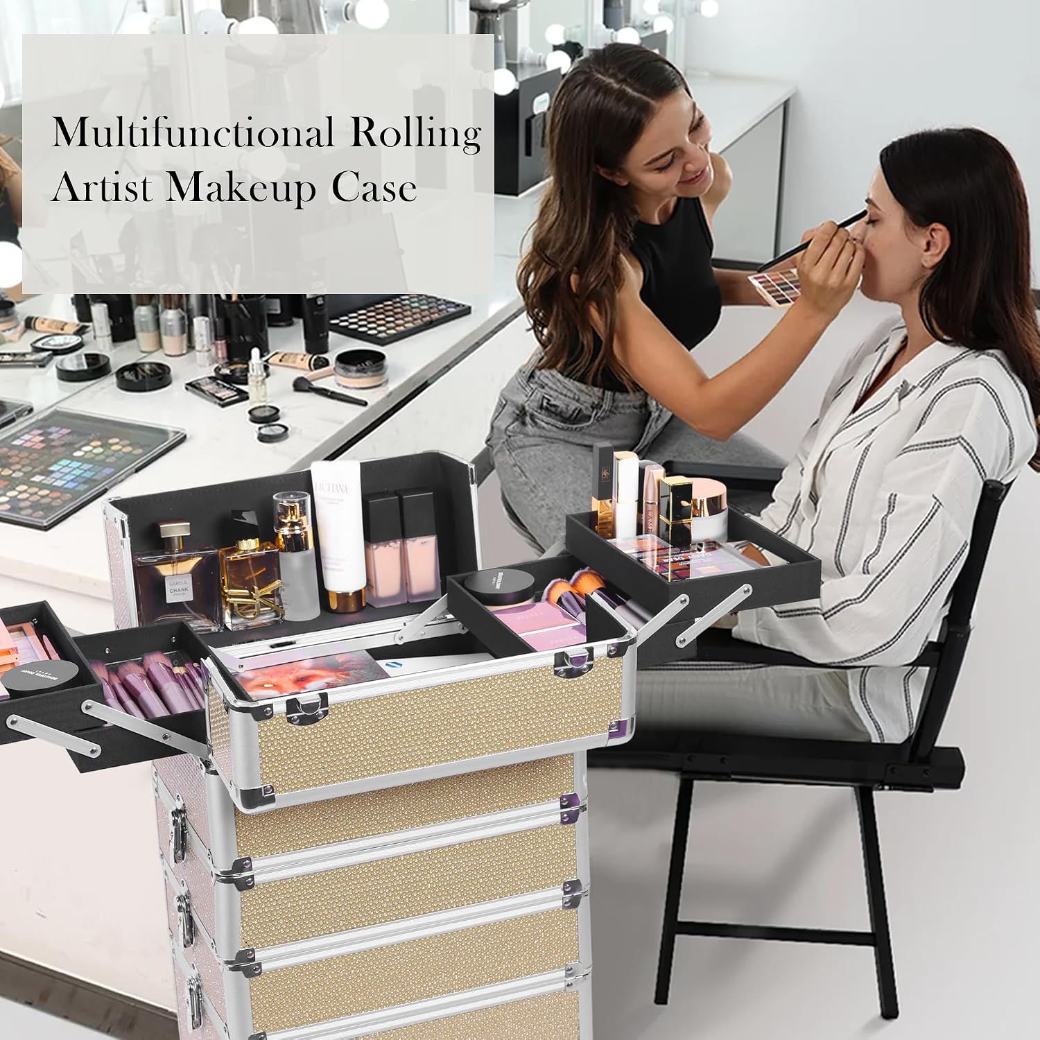Professional Rolling Makeup Case with Wheels, 5-in-1 Makeup Train Case, Cosmetic Makeup Trolley Cart Travel Cosmetology Case On Wheels with Key for Hairstylists, Nail Tech (Gold Crystal)