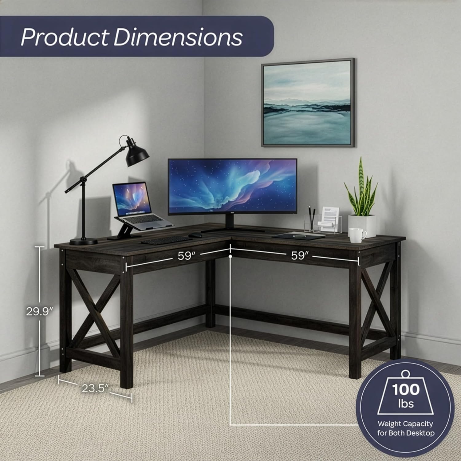 Lavish Home 59' L-Shaped Desk – Corner Computer Desk for Home Office, Space-Saving Workstation with X-Frame Legs, Writing or Craft Desk for Small Spaces (Dark Gray)