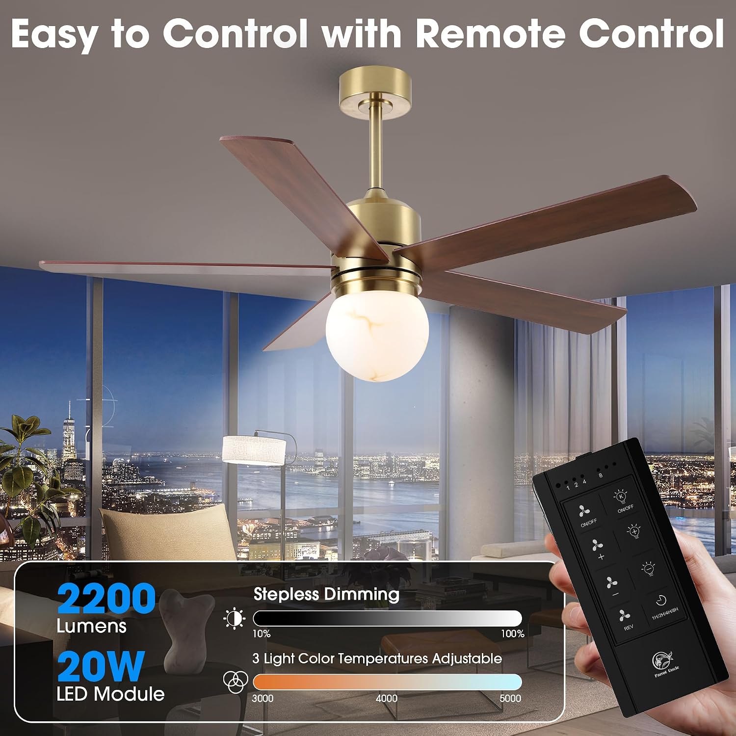 Gold Ceiling Fans with Lights and Remote, 52 Inch Rustic Ceiling Fan with Light for Bedroom, Chandelier Ceiling Fans for Living Room Indoor Outdoor, 6-Speed Reversible DC Motor, Dimmable LED 3CCT