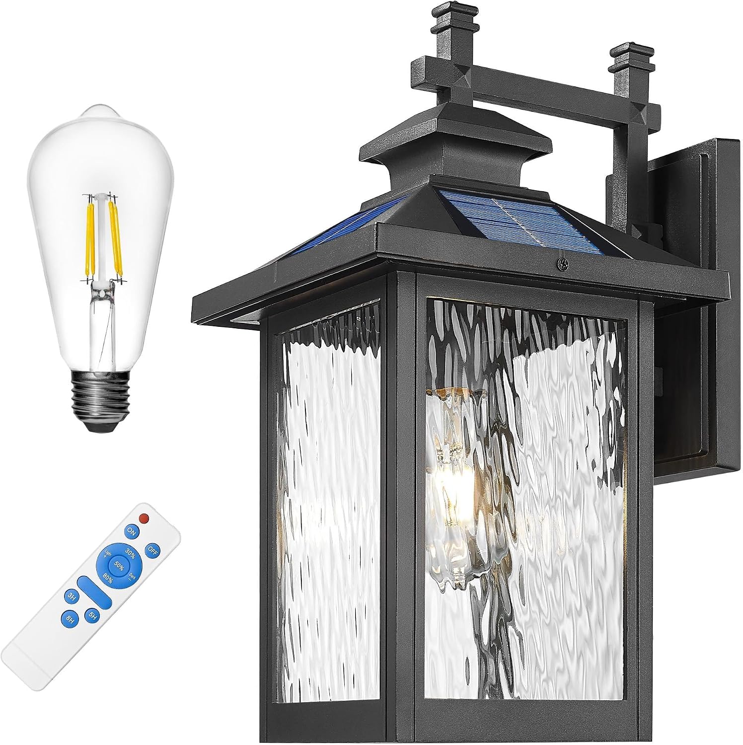 FEMILA Solar Outdoor Wall Lights Exterior, Modern Solar Lights for House | 16.7', 2700K bulb included, aluminum glass body, dusk to dawn, dimmable, up to 12h runtime, timer settings, industrial style