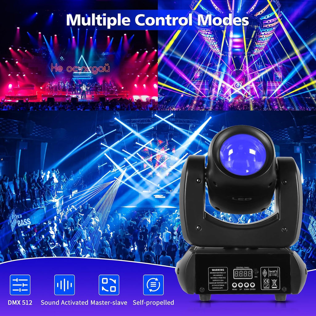 HOLDLAMP 120W LED Moving Head Light with Rotating 18-Facet Prism, Gobos and 8 Colors by DMX and Sound Activated Control (Moving Heads 4 Pack)